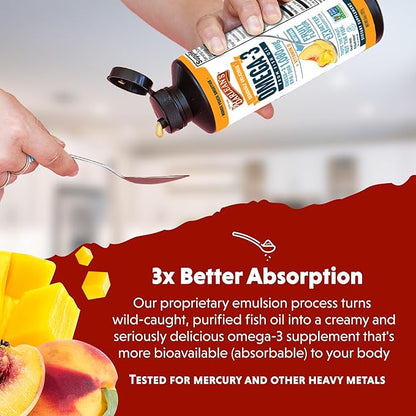 Barlean's Omega 3 Fish Oil Liquid Supplement with Vitamin D for Men and Women, 1080mg of EPA and DHA Fatty Acid, Promotes Brain & Heart Health - Non-GMO, Mango Peach, 32 oz