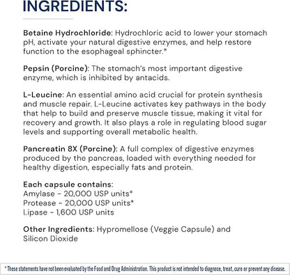 BodyHealth Digestive Enzymes Full Spectrum Digestive Support (180 caps), Betaine, Pepsin, Pancreatin BPP Loaded with Enzymes and Probiotics, Relief for Stomach Bloating, Heartburn, Gas, Constipation