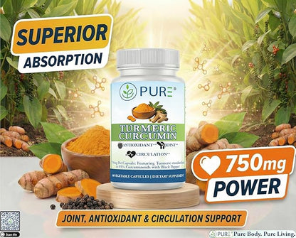 PURE® Turmeric Curcumin 750mg with BioPerine® - 180 Capsules, 6 Month Supply - High Absorption Joint Support & Anti-Inflammatory Supplement - 95% Curcuminoids Antioxidant Complex - Made in USA