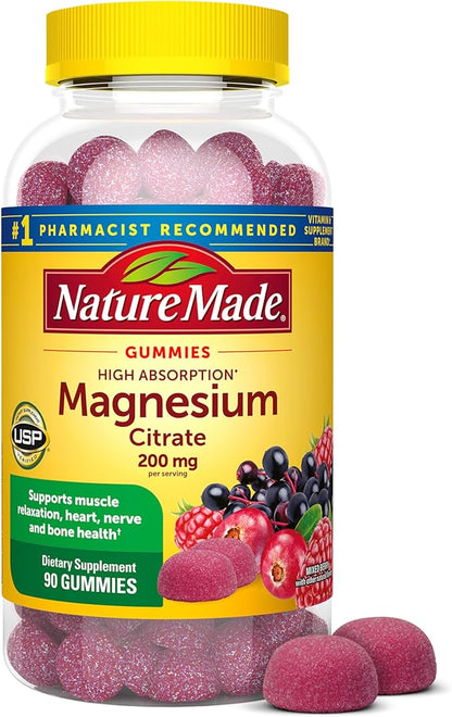 Nature Made High Absorption Magnesium Citrate 200 mg per serving, Magnesium Supplement for Muscle, Nerve, Bone and Heart Support, 90 Magnesium Gummies, 45 Day Supply