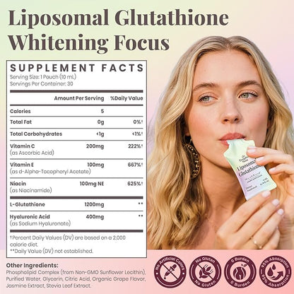 Liposomal Glutathione Liquid 1000mg – High Absorption Glutathione Supplement – Skin Brightening & Antioxidant Support – Beauty & Glow Formula for Women – Grape Jasmine Flavor – 30 Pouches