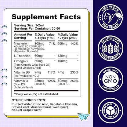 Kids Magnesium Liquid Drops-Magnesium Glycinate Liquid for Kids Supplement-w/L-theanine, Omega-3, Vitamin B6, D3 - for Sleep, Relaxation, Brain, Bones - Grape Flavor, 4 Fl Oz