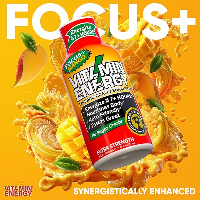 Vitamin Energy Focus+ Extra Strength Energy Shot Mango 12 Pack, 260mg Natural Caffeine, B-Vitamins, CoQ10, Amino Acids, Focus, Productivity & Clarity, Zero Sugar, Gluten-Free, 1.93 fl oz
