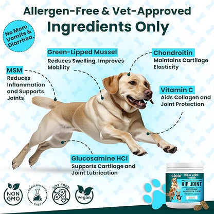 Glucosamine for Dogs Hip and Joint Supplement - Chondroitin, MSM, Green-Lipped Mussel - Clear Hip & Joint - Advanced Mobility Cartilage Support, Bone Health - Tasty Chews 60ct - Made in USA