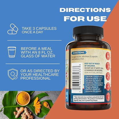 Joint Support Supplement with Glucosamine Chondroitin MSM Turmeric Boswelia. Supports Inflammatory Response, Discomfort Relief for Knees Hands Back Joints. USA Made.