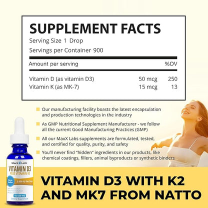 Vitamin D3 K2 Liquid Drops - Liquid Vitamin-D3 2000 IU Per Drop with K2 Supplements for Adults & Kids - Vitamin D K2 MK7 for Healthy Bones, Heart & Immune - 1 Oz Dropper + 900 Days Supply