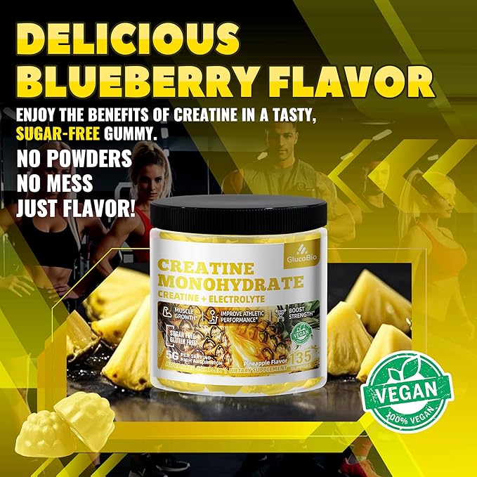 Creatine Monohydrate Gummies (5g) – Pre-Workout Energy & Muscle Growth Support for Men & Women | Pineapple Electrolyte Gummies (135 Count)