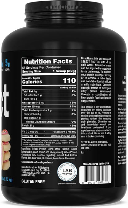 PEScience Select Protein Powder, Whey and Casein Blend, Lean Protein Powder for Women and Men, Low Calorie, Low Carb, Keto Friendly, Gluten Free, Frosted Sugar Cookie - 55 Servings