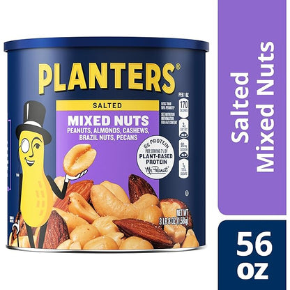 PLANTERS Salted MixedNuts, Peanuts, Almonds, Cashews,BrazilNuts and Pecans, PartySnack, Plant-Based Protein, Quick Snackfor Adults, After SchoolSnack, Bulk Nuts, Kosher,56oz Canister (Pack of 2)