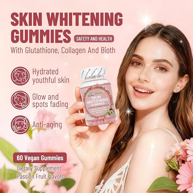Skin Whitening Gummies, with Glutathione, Collagen and Bioth, Hydrated Youthful Skin, Glow and Spots Fading, Anti-Aging, 60 Count