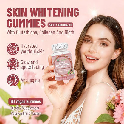 Skin Whitening Gummies, with Glutathione, Collagen and Bioth, Hydrated Youthful Skin, Glow and Spots Fading, Anti-Aging, 60 Count