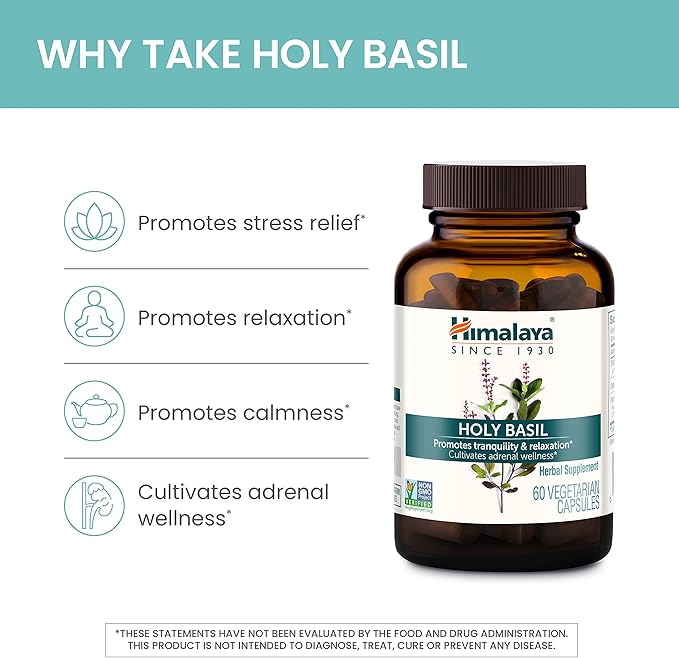 Himalaya Holy Basil - Herbal Adrenal Support for Stress Relief, Relaxation, Energy Support and Occasional Sleeplessness - Vegan, Non-GMO, Gluten Free, 720 mg, 60 Capsules