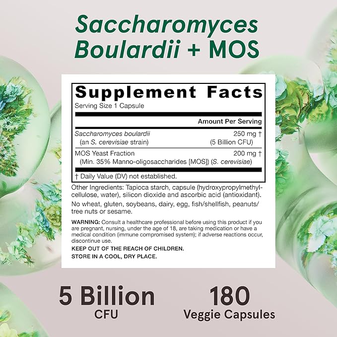 Jarrow Formulas Saccharomyces Boulardii+MOS Probiotics for Digestive Health & Intestinal Tract Support-5 Billion CFU Per Serving-180 Delayed Release Caps - Probiotic+Prebiotic-180 Servings,(Pack of 2)