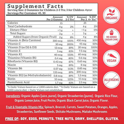 Llama Naturals Kids Multivitamin Gummies | Real Fruit, No Added Sugar Cane | Organic Vegan Toddler Whole Food Vitamins | Vitamin D, C & Beta Carotene Gummy Supplement | Strawberry 90 Ct (1-2 Months)