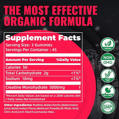 Natures Aid NSF Certified Creatine Gummy 5g - Creatine Monohydrate Gummies – Pre-Workout Energy & Muscle Growth Support for Men & Women | Watermelon Electrolyte Gummies (135 Count)