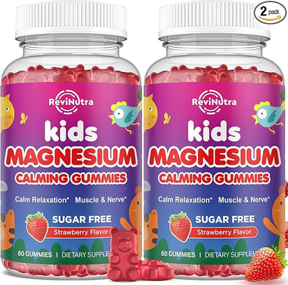 2 Pack Magnesium Gummies for Kids - Magnesium Glycinate Gummies with L-Theanine, Chamomile, Licorice, Vitamin B6, D for Kids & Adults Sleep, Muscle Relief & Nerve Bone - Strawberry 120ct