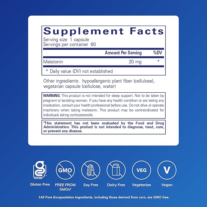 Pure Encapsulations Melatonin 20 mg - Not Intended for Sleep Support - for Immune System & Healthy Cells - 99.5% Purity Melatonin - Gluten Free & Non-GMO - 60 Capsules