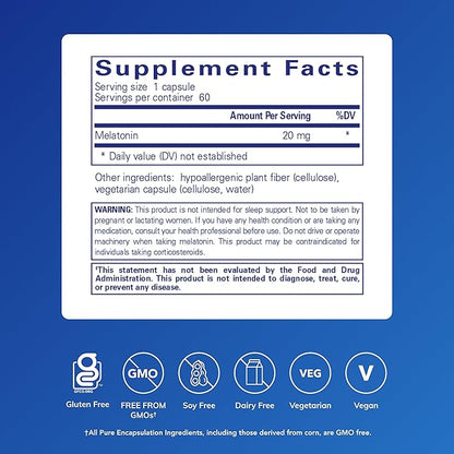 Pure Encapsulations Melatonin 20 mg - Not Intended for Sleep Support - for Immune System & Healthy Cells - 99.5% Purity Melatonin - Gluten Free & Non-GMO - 60 Capsules