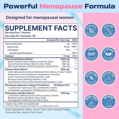 Menopause Supplements for Women Gummies, 16-in-1 Probiotic, Black Cohosh & Ashwagandha for Menopause Relief, Hot Flashes, Hormone Harmony, Mood Swings, Belly Burner* & Gut, Sugar-Free - 60 Gummies
