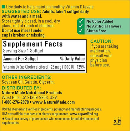 Nature Made Vitamin D3 1000 IU (25 mcg), Vitamin D Supplement for Bone, Teeth, Muscle and Immune Health Support, 100 Softgels, 100 Day Supply