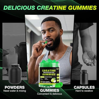 Creatine Monohydrate Gummies 8500MG for Men & Women - Creatine Gummies Sugar Free Pre Workout, Promote Muscle Growth, Boost Strength & Energy, 120 Count Green Apple