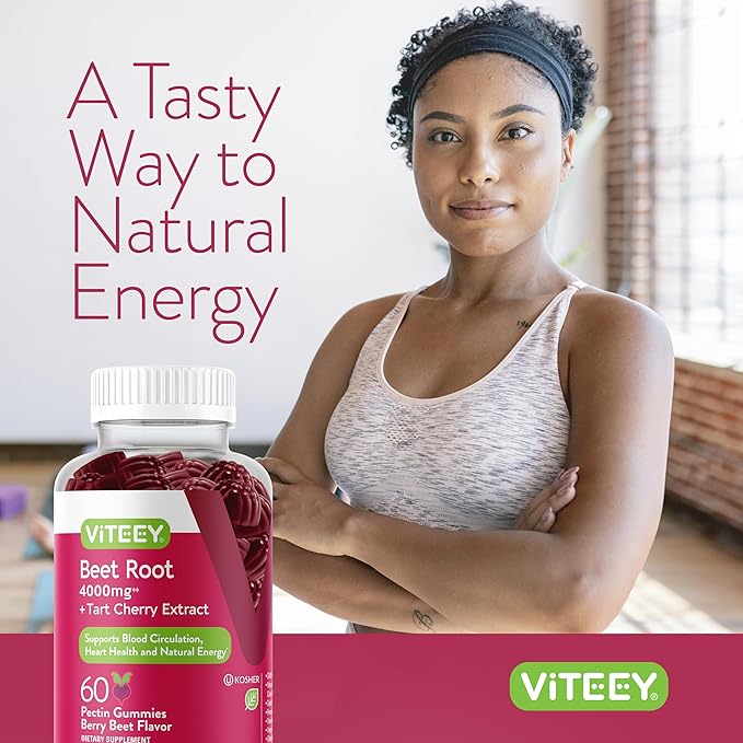 Viteey Beet Root Gummies 4000mg [from 80mg of 50:1 Extract] with Tart Cherry - for Healthy Blood Pressure Support - Vegan, Gelatin Free, Gluten Free-Tasty Chewable Berry Beet Flavored Gummy-60 Count