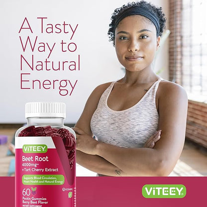 Viteey Beet Root Gummies 4000mg [from 80mg of 50:1 Extract] with Tart Cherry - for Healthy Blood Pressure Support - Vegan, Gelatin Free, Gluten Free-Tasty Chewable Berry Beet Flavored Gummy-60 Count