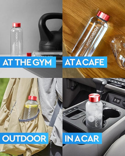 FOODOLOGY Bottle for Drink Mix (Red, 16.9fl oz) - Leak Proof, Lightweight, Durable Sports Water Bottle. Reusable for Gym, Outdoor, Travel. BPA Free, Clear Beverage Container with Marker