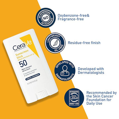 CeraVe Mineral Sunscreen Stick SPF 50, Broad Spectrum SPF + Hyaluronic Acid + Ceramides, Titanium Dioxide & Zinc Oxide, 100% Mineral Face Sunscreen Stick, Fragrance Free & Oil Free