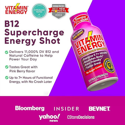 Vitamin Energy B12 11,000% Extra Strength Energy Shot Pink Berry 8 Pack, 260mg Natural Caffeine, B12 & B6, Nootropic Focus, Vitality, Zero Sugar, Gluten-Free, Vegan, Kosher, 1.93 fl oz