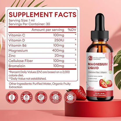 (3 Pack) Magnesium Glycinate Liquid Drops, High Absorption Magnesium Liquid with Bromelain, Vitamin B6 C D, Magnesium Supplement for Kids and Adults, Night & Muscle Support, Strawberry Flavor