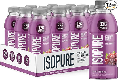 Isopure Zero Carb 32g Clear Protein Ready-to-Drink, Whey Protein Isolate, Grape Frost, 12 Pack (Packaging May Vary)