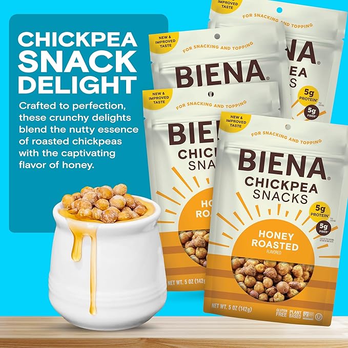 BIENA Chickpea Snacks - Crunchy Roasted Chickpeas - High Fiber Protein Snacks for Adults and Kids - 4-Pack, 5 Ounce Bags - Honey Roasted