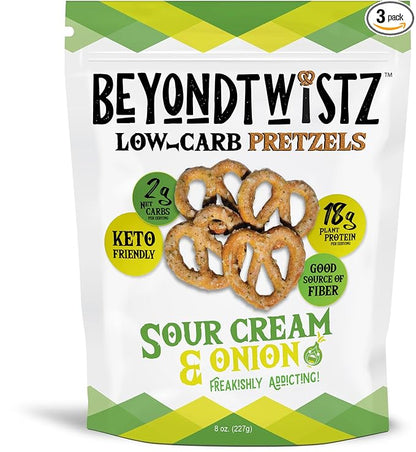 BeyondTwistz Low Carb Pretzels, Sour Cream and Onion, Keto Friendly, 2g Net Carbs, 18g Protein, Powered By HealthSense® High Fiber Wheat Flour, Family Size 8oz Bag, Pack of 3