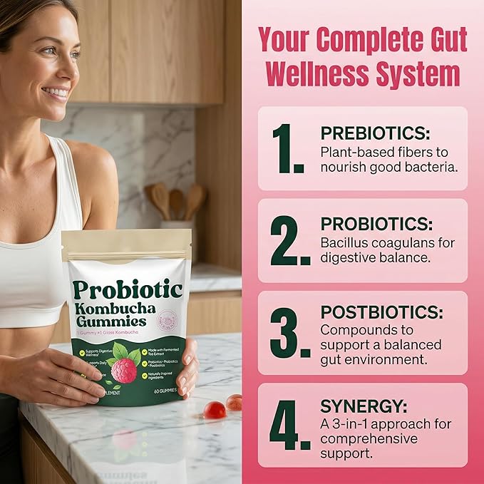 Probiotic Kombucha Gummies with Prebiotics, Probiotics & Postbiotics – Digestive & Gut Health Support – Daily Balance, Bloating Comfort & Microbiome Support – Vegan, Non-GMO, 60 Gummies