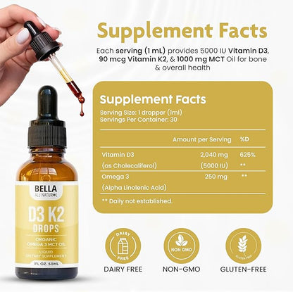 Bella All Natural Vitamin D3 K2 Liquid Drops 5000 IU (Unflavored) - Omega 3 with MCT Oil - Liquid Vitamin D Drops for Adults - This D3 K2 Drops Help Support Heart, Bone & Immune Health