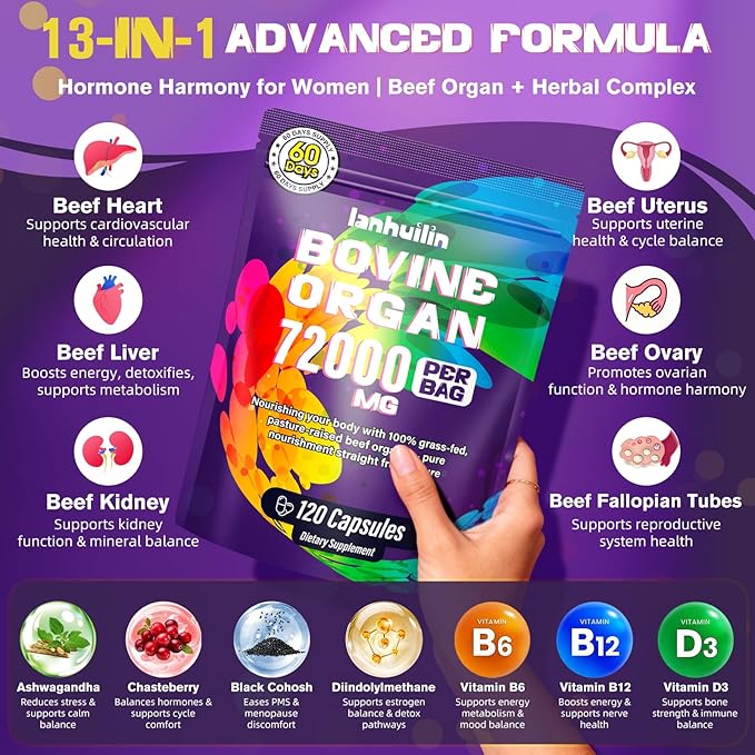 Beef Organ Supplement for Women - 100% Grass Fed Beef Organs with Bovine Liver, Ovary, Uterus, Kidney, Heart & Fallopian Tubes - PMS, Menopause & Energy, Immune & Mood Support, 120 Count