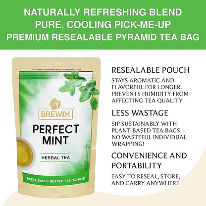 BREWIX, Perfect Mint Tea (20 Pyramid Tea Bags) | Soothing Mint Blend for Digestion Support & Daily Calm | Calming, Fresh and Cool | Caffeine Free Herbal Tea | No Sugar & No Caffeine | Spearmint and Peppermint