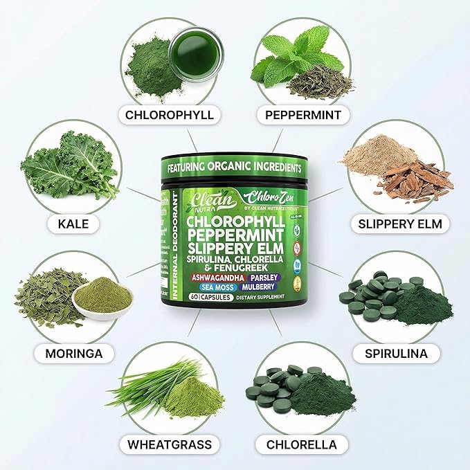 Clean Nutra Chlorophyll Capsules + Peppermint Slippery Elm Spirulina Chlorella Fenugreek Ashwagandha Sea Moss Supplement – Ph Balance for Women Detox Internal Deodorant Supplement + Prebiotics 60 Ct