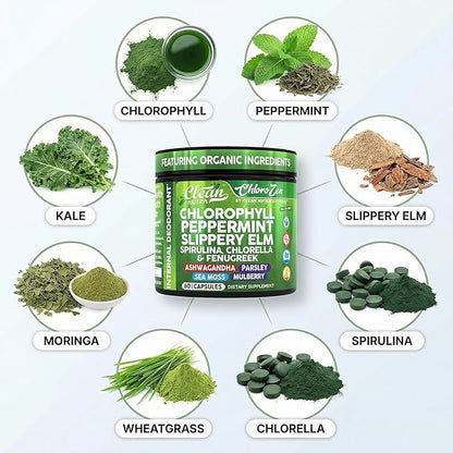 Clean Nutra Chlorophyll Capsules + Peppermint Slippery Elm Spirulina Chlorella Fenugreek Ashwagandha Sea Moss Supplement – Ph Balance for Women Detox Internal Deodorant Supplement + Prebiotics 60 Ct