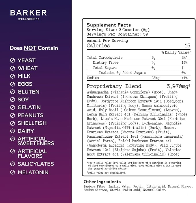 Barker Wellness Nighttime Vegan Sugar-Free Adaptogen Mushroom Gummies – Reishi, Lion's Mane, Chaga, Cordyceps for Calm, Rest & Recovery – Non-GMO Sleep Support & Relaxation Supplement, 60 Count