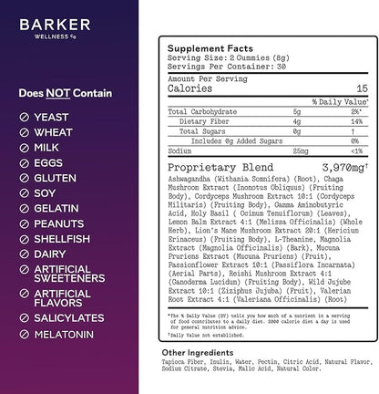 Barker Wellness Nighttime Vegan Sugar-Free Adaptogen Mushroom Gummies – Reishi, Lion's Mane, Chaga, Cordyceps for Calm, Rest & Recovery – Non-GMO Sleep Support & Relaxation Supplement, 60 Count