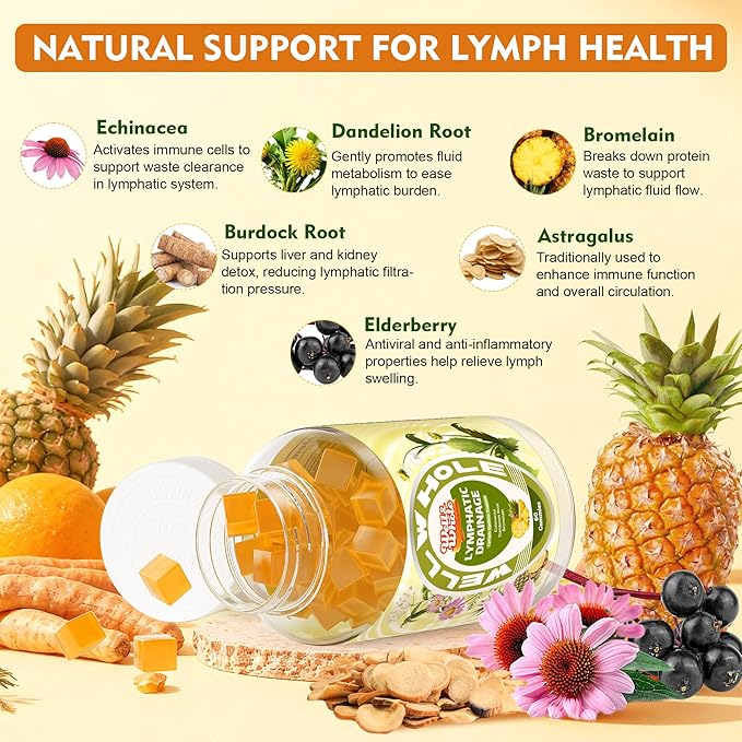 Well&Whole Lymphatic Drainage Gummies, Lymphatic Drainage Supplements with Echinacea, Dandelion, Burdock, Lymph System Support, Lymph Detox Cleanse & Immune Support, Pineapple, Vagan, 60 Gummies