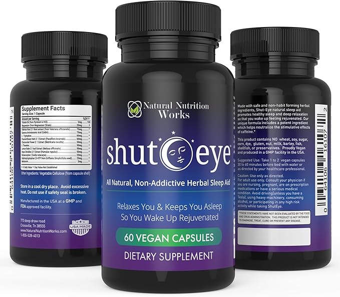 Shut-Eye- The Most Potent Natural Sleep Aid & Caffeine Neutralizer! All Natural Non-Addictive Herbal Complex w/Valerian, Melatonin, Rutaecarpine & 10 More