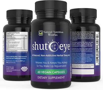 Shut-Eye- The Most Potent Natural Sleep Aid & Caffeine Neutralizer! All Natural Non-Addictive Herbal Complex w/Valerian, Melatonin, Rutaecarpine & 10 More