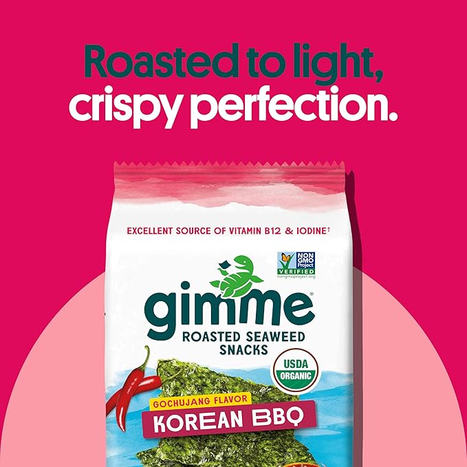 Gimme Seaweed Organic Premium Roasted Seaweed Snacks, Korean BBQ, 6 Count, Keto, Vegan, Gluten-Free, Great Source of Omega3s and Iodine, Healthy On-The-Go Snack for Kids and Adults