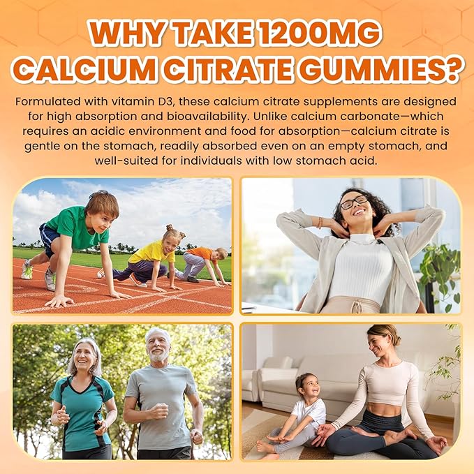 Calcium Citrate Gummies - 1200mg Calcium Gummies Supplements for Women & Men with Vitamin D3, K2, Magnesium, Zinc High Absorption for Bone, Muscle & Immune Support, Orange Flavor, 60 Count