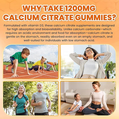 Calcium Citrate Gummies - 1200mg Calcium Gummies Supplements for Women & Men with Vitamin D3, K2, Magnesium, Zinc High Absorption for Bone, Muscle & Immune Support, Orange Flavor, 60 Count