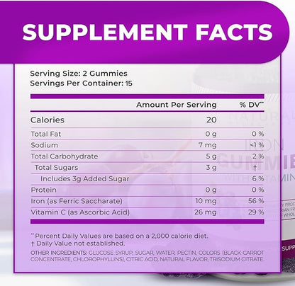 Iron Gummies with Vitamin C for Adults & Kids - Chewable Iron Supplement for Iron Deficiency Anemia, Red Blood Cell Support, Energy, Immune Function, Brain Health, Max Absorption, Grape Flavor, Vegan