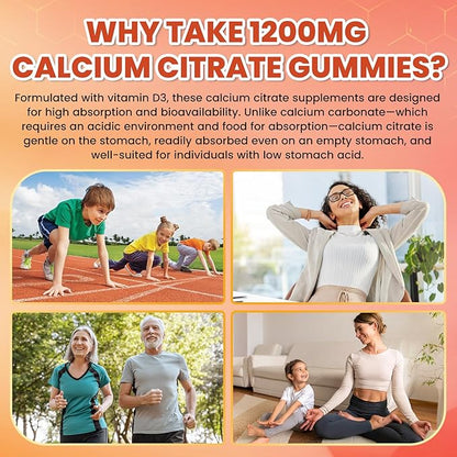 Calcium Citrate Gummies - 1200mg Calcium Gummies Supplements for Women & Men with Vitamin D3, K2, Magnesium, Zinc High Absorption for Bone, Muscle & Immune Support, Peach & Mango Flavor, 120 Count